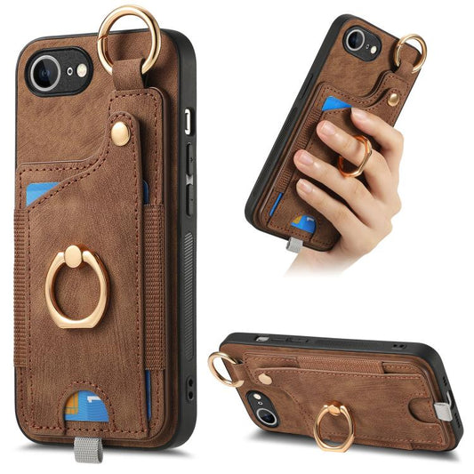 For iPhone 16e Retro Skin-feel Ring Card Bag Phone Case with Hang Loop(Brown) - iPhone 16e Cases by PMC Jewellery | Online Shopping South Africa | PMC Jewellery | Buy Now Pay Later Mobicred