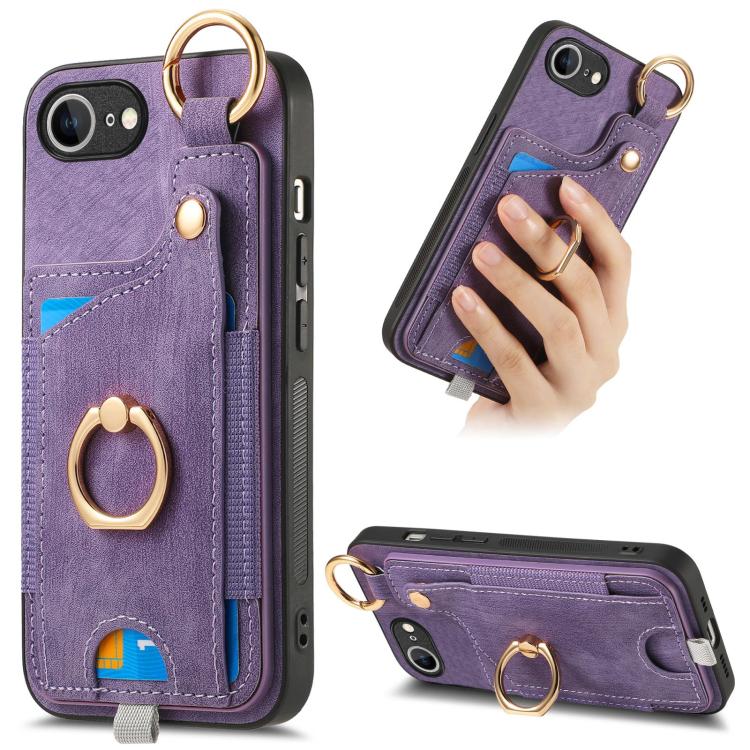 For iPhone 16e Retro Skin-feel Ring Card Bag Phone Case with Hang Loop(Purple) - iPhone 16e Cases by PMC TechLife | Online Shopping South Africa | PMC TechLife | Buy Now Pay Later Mobicred