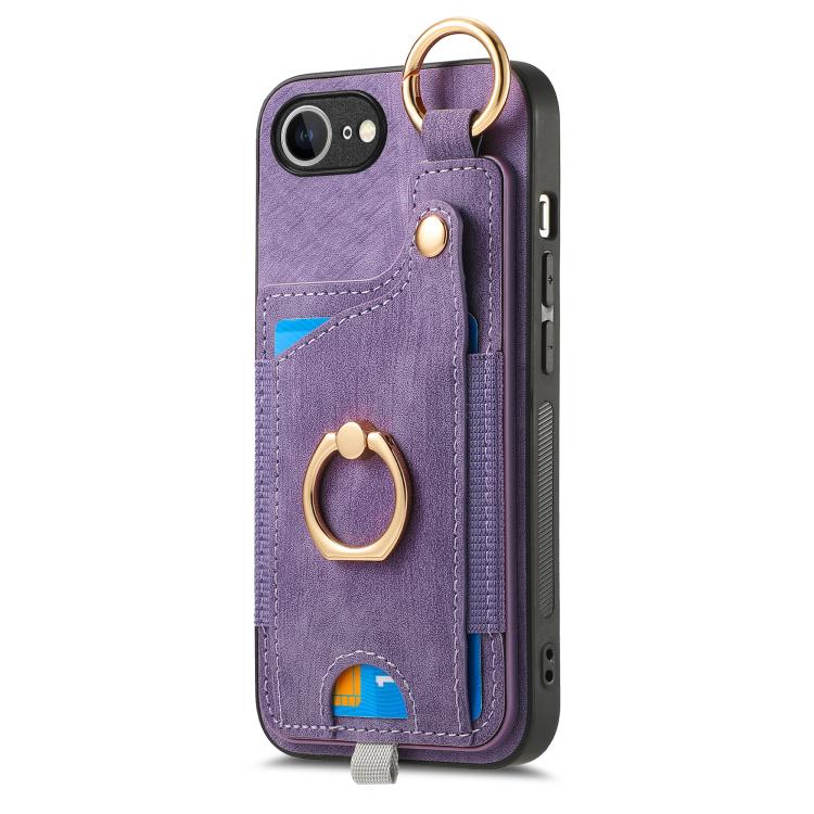 For iPhone 16e Retro Skin-feel Ring Card Bag Phone Case with Hang Loop(Purple) - iPhone 16e Cases by PMC TechLife | Online Shopping South Africa | PMC TechLife | Buy Now Pay Later Mobicred