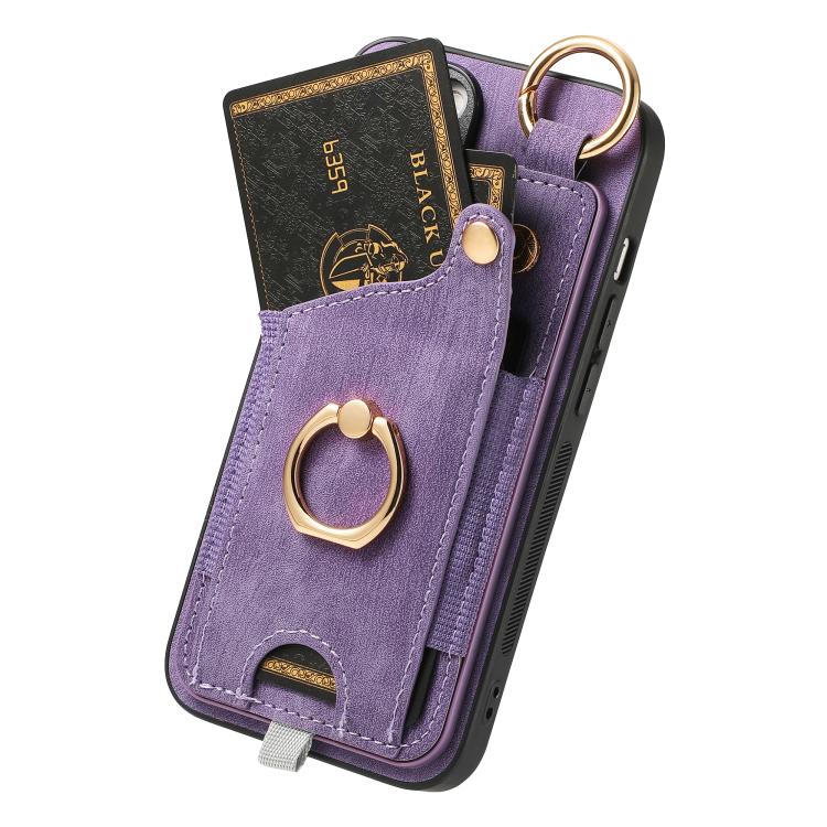 For iPhone 16e Retro Skin-feel Ring Card Bag Phone Case with Hang Loop(Purple) - iPhone 16e Cases by PMC TechLife | Online Shopping South Africa | PMC TechLife | Buy Now Pay Later Mobicred