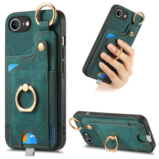 For iPhone 16e Retro Skin-feel Ring Card Bag Phone Case with Hang Loop(Green) - iPhone 16e Cases by PMC Jewellery | Online Shopping South Africa | PMC Jewellery | Buy Now Pay Later Mobicred