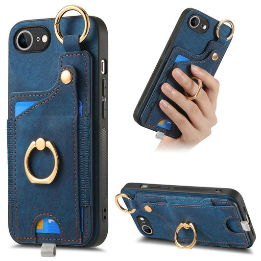 For iPhone 16e Retro Skin-feel Ring Card Bag Phone Case with Hang Loop(Blue) - iPhone 16e Cases by PMC Jewellery | Online Shopping South Africa | PMC Jewellery | Buy Now Pay Later Mobicred