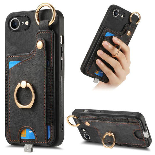 For iPhone 16e Retro Skin-feel Ring Card Bag Phone Case with Hang Loop(Black) - iPhone 16e Cases by PMC Jewellery | Online Shopping South Africa | PMC Jewellery | Buy Now Pay Later Mobicred