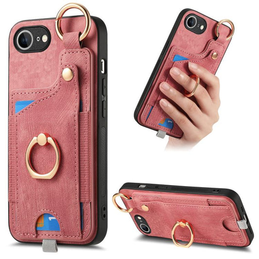 For iPhone 16e Retro Skin-feel Ring Card Bag Phone Case with Hang Loop(Pink) - iPhone 16e Cases by PMC Jewellery | Online Shopping South Africa | PMC Jewellery | Buy Now Pay Later Mobicred