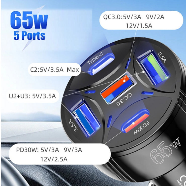 TE-P50 65W PD30W Type-C x 2 + USB x 3 Multi Port Car Charger with 1m Type-C to Type-C Data Cable(White) - Car Charger by PMC TechLife | Online Shopping South Africa | PMC TechLife | Buy Now Pay Later Mobicred