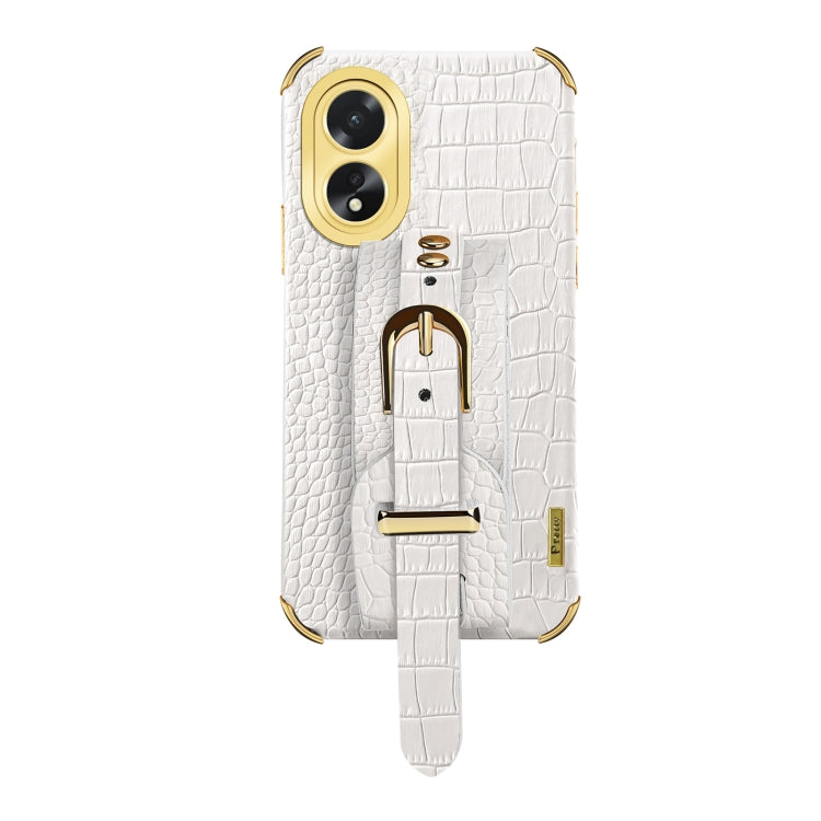For OPPO A38 Electroplated Wrist Strap Crocodile Leather Back Phone Case(White) - A38 Cases by PMC Jewellery | Online Shopping South Africa | PMC Jewellery | Buy Now Pay Later Mobicred