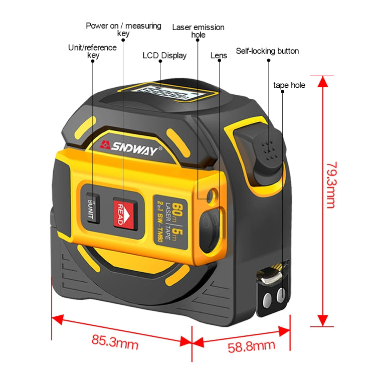 SNDWAY SW-TM60 60m Digital Rangefinder Laser Distance Meter Tape Multi-function Self-Locking Hand Tool Device - free shipping - PMC Jewellery - Order now!