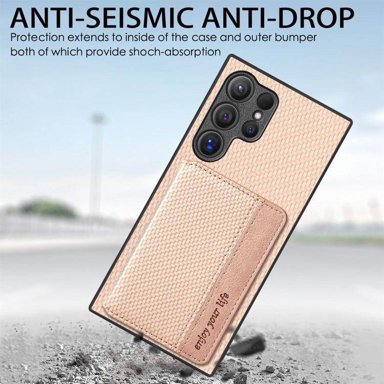 For Samsung Galaxy S25 5G Carbon Fiber Magnetic Card Wallet RFID Blocking Phone Case(Khaki) - free shipping - PMC Jewellery - Order now!
