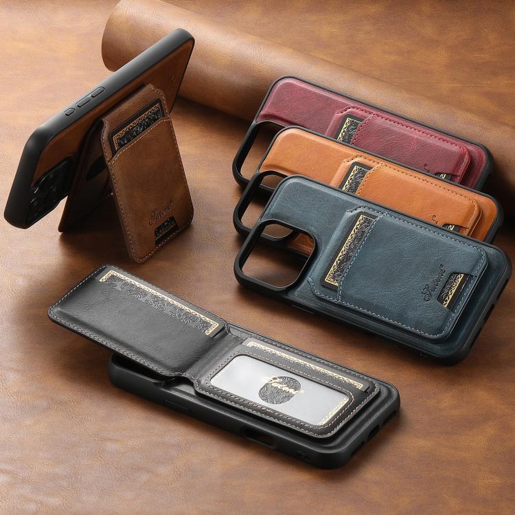For iPhone 15 Pro Max Suteni H15 MagSafe Oil Eax Leather Detachable Wallet Back Phone Case(Khaki) - free shipping - PMC Jewellery - Order now!