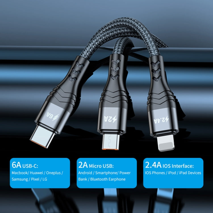 ENKAY 3-in-1 6A USB to Type-C / 8 Pin / Micro USB Multifunction Fast Charging Cable, Cable Length:1m(Grey) - Multifunction Cable by ENKAY | Online Shopping South Africa | PMC Jewellery | Buy Now Pay Later Mobicred