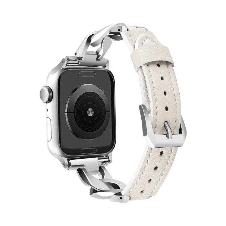 For Apple Watch Series 9 41mm Rhinestone Denim Chain Leather Watch Band(Beige) - Watch Bands by PMC TechLife | Online Shopping South Africa | PMC TechLife