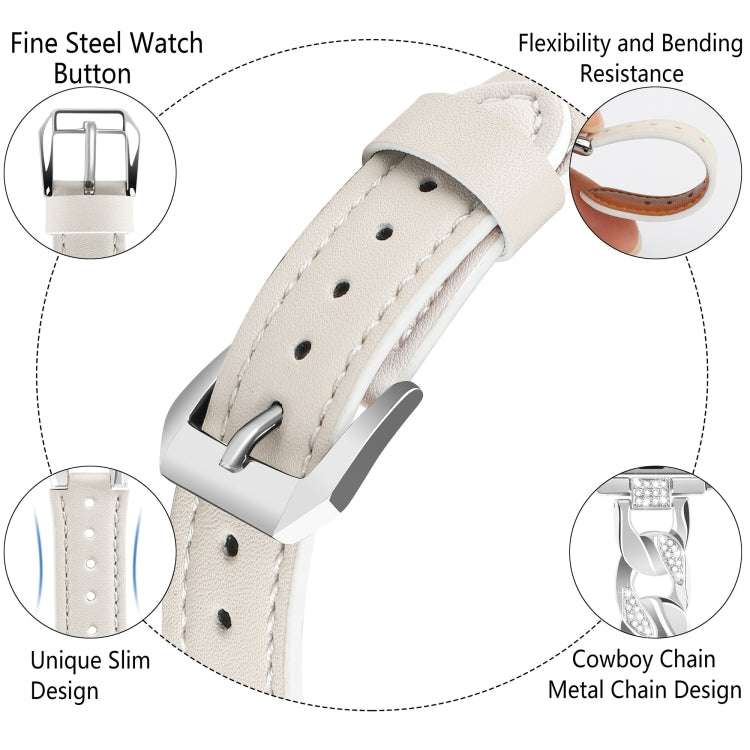 For Apple Watch Series 9 41mm Rhinestone Denim Chain Leather Watch Band(Beige) - Watch Bands by PMC TechLife | Online Shopping South Africa | PMC TechLife