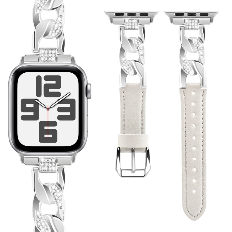 For Apple Watch Series 9 41mm Rhinestone Denim Chain Leather Watch Band(Beige) - Watch Bands by PMC TechLife | Online Shopping South Africa | PMC TechLife