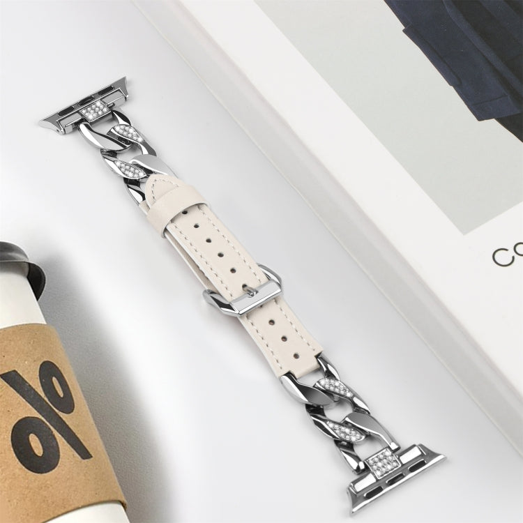 For Apple Watch Series 9 41mm Rhinestone Denim Chain Leather Watch Band(Beige) - Watch Bands by PMC TechLife | Online Shopping South Africa | PMC TechLife