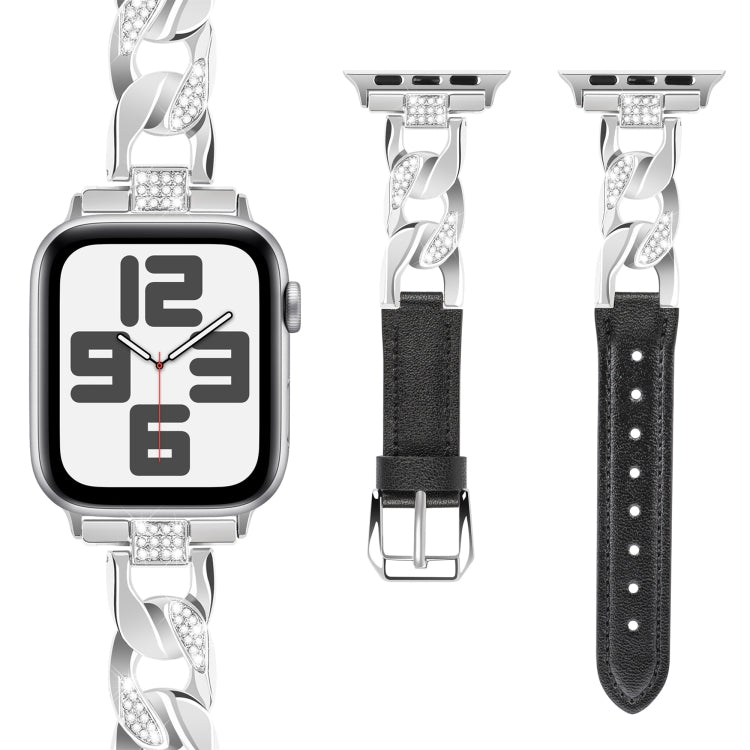 For  Apple Watch Series 8 41mm Rhinestone Denim Chain Leather Watch Band(Black) - Watch Bands by PMC TechLife | Online Shopping South Africa | PMC TechLife | Buy Now Pay Later Mobicred