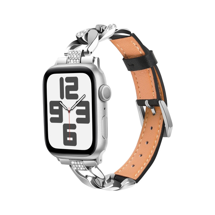For Apple Watch Series 7 41mm Rhinestone Denim Chain Leather Watch Band(Black) - Watch Bands by PMC TechLife | Online Shopping South Africa | PMC TechLife | Buy Now Pay Later Mobicred