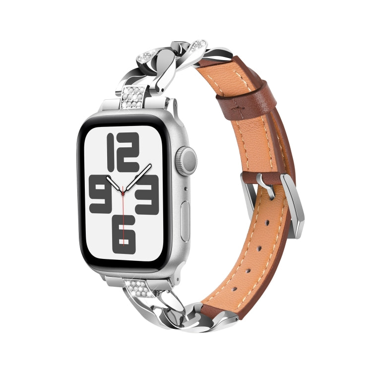 For Apple Watch Series 7 41mm Rhinestone Denim Chain Leather Watch Band(Brown) - Watch Bands by PMC TechLife | Online Shopping South Africa | PMC TechLife | Buy Now Pay Later Mobicred