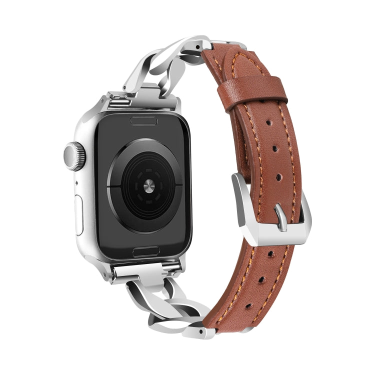 For Apple Watch Series 7 41mm Rhinestone Denim Chain Leather Watch Band(Brown) - Watch Bands by PMC TechLife | Online Shopping South Africa | PMC TechLife | Buy Now Pay Later Mobicred