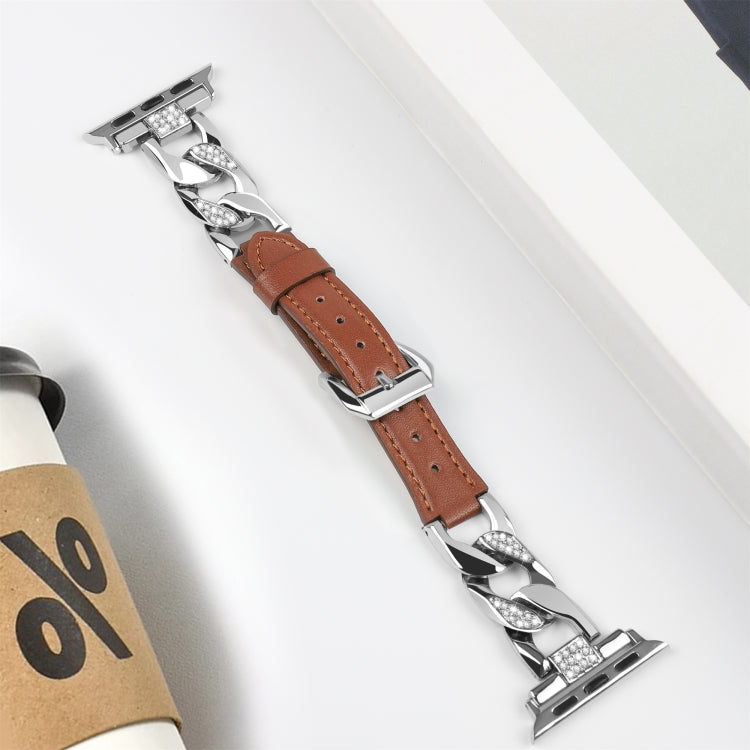 For Apple Watch Series 5 44mm Rhinestone Denim Chain Leather Watch Band(Brown) - Watch Bands by PMC TechLife | Online Shopping South Africa | PMC TechLife