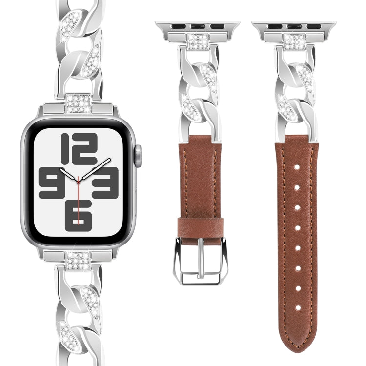 For Apple Watch Series 4 44mm Rhinestone Denim Chain Leather Watch Band(Brown) - Watch Bands by PMC TechLife | Online Shopping South Africa | PMC TechLife | Buy Now Pay Later Mobicred