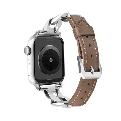 For Apple Watch Series 3 42mm Rhinestone Denim Chain Leather Watch Band(Dark Brown) - Watch Bands by PMC Jewellery | Online Shopping South Africa | PMC Jewellery