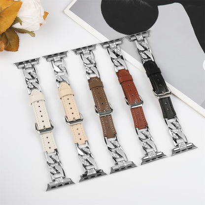 For Apple Watch Series 3 42mm Rhinestone Denim Chain Leather Watch Band(Black) - Watch Bands by PMC Jewellery | Online Shopping South Africa | PMC Jewellery