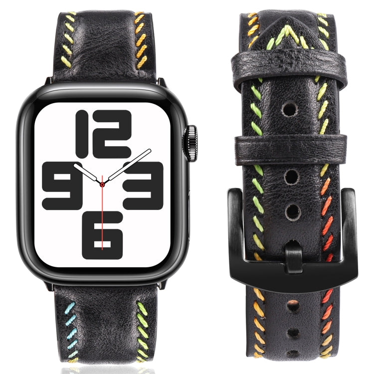 For Apple Watch SE 2023 40mm Colorful Sewing Thread Leather Watch Band(Black) - Watch Bands by PMC TechLife | Online Shopping South Africa | PMC TechLife