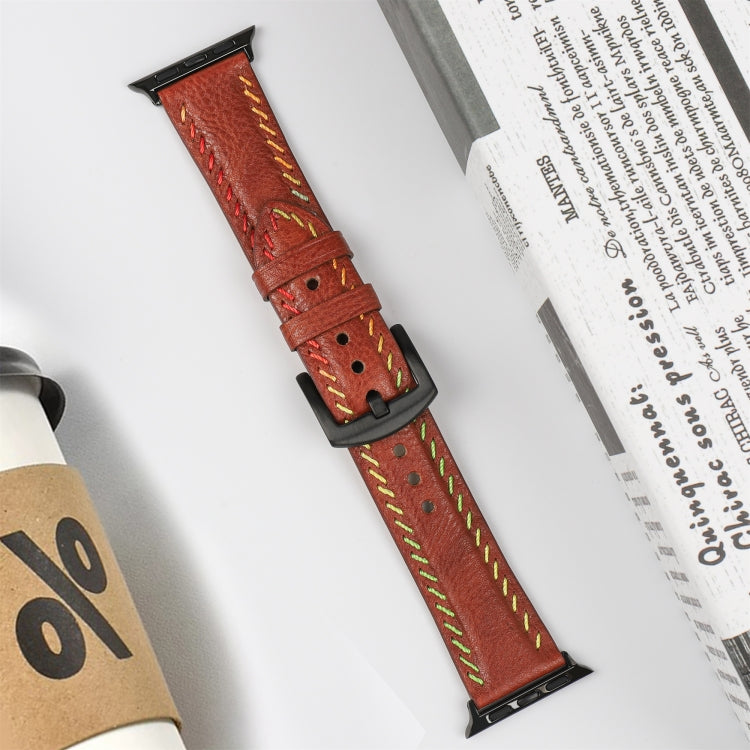For Apple Watch Ultra 2 49mm Colorful Sewing Thread Leather Watch Band(Brown) - Watch Bands by PMC TechLife | Online Shopping South Africa | PMC TechLife | Buy Now Pay Later Mobicred