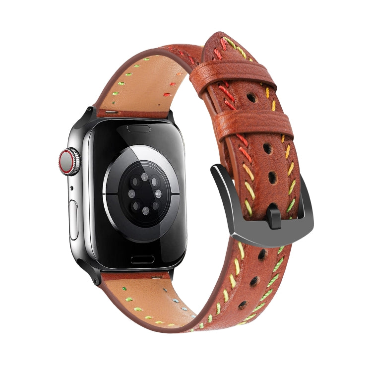 For Apple Watch Series 8 41mm Colorful Sewing Thread Leather Watch Band(Brown) - Watch Bands by PMC TechLife | Online Shopping South Africa | PMC TechLife