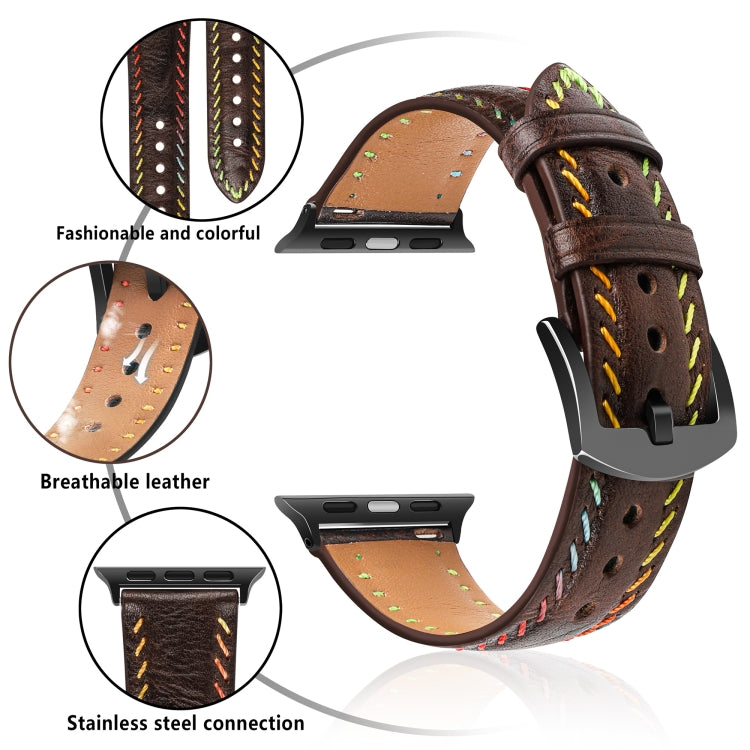 For Apple Watch Series 8 45mm Colorful Sewing Thread Leather Watch Band(Dark Brown) - Watch Bands by PMC TechLife | Online Shopping South Africa | PMC TechLife