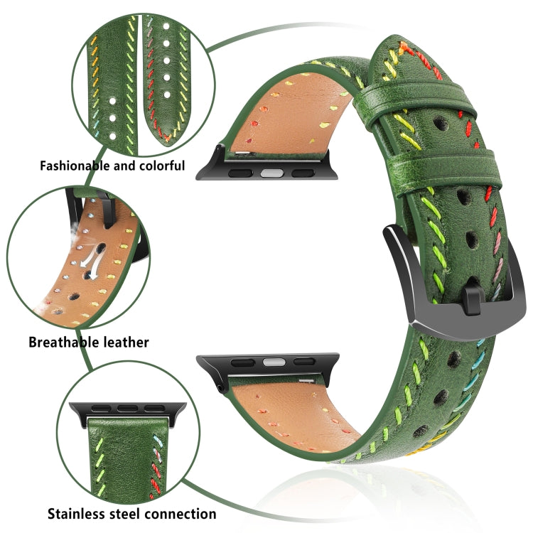 For Apple Watch Series 8 45mm Colorful Sewing Thread Leather Watch Band(Green) - Watch Bands by PMC Jewellery | Online Shopping South Africa | PMC Jewellery