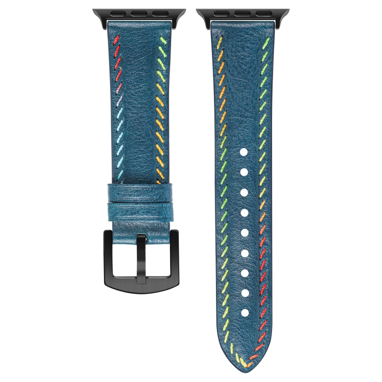 For Apple Watch SE 2022 44mm Colorful Sewing Thread Leather Watch Band(Blue) - Watch Bands by PMC TechLife | Online Shopping South Africa | PMC TechLife