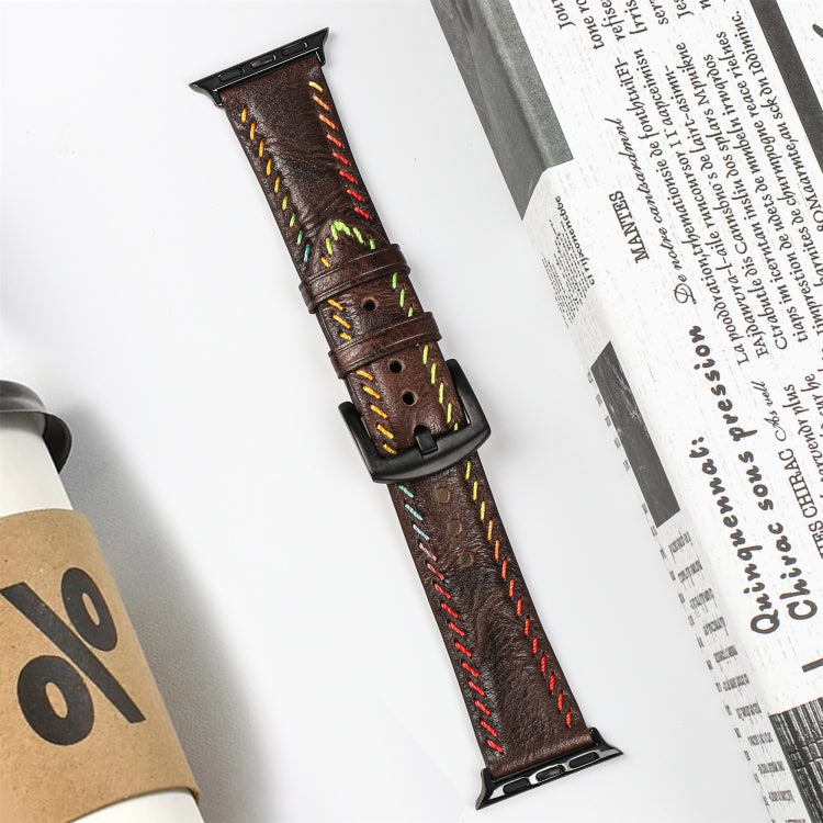 For Apple Watch Series 7 45mm Colorful Sewing Thread Leather Watch Band(Dark Brown) - Watch Bands by PMC TechLife | Online Shopping South Africa | PMC TechLife