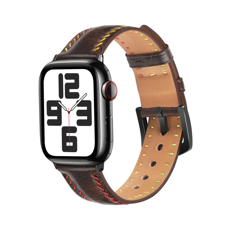 For Apple Watch Series 6 44mm Colorful Sewing Thread Leather Watch Band(Dark Brown) - Watch Bands by PMC TechLife | Online Shopping South Africa | PMC TechLife