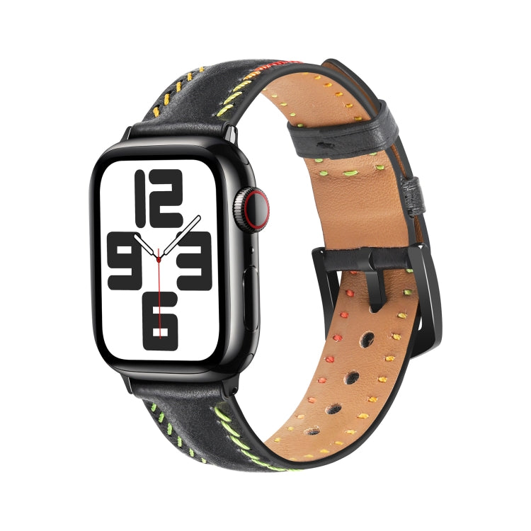 For Apple Watch Series 6 44mm Colorful Sewing Thread Leather Watch Band(Black) - Watch Bands by PMC TechLife | Online Shopping South Africa | PMC TechLife