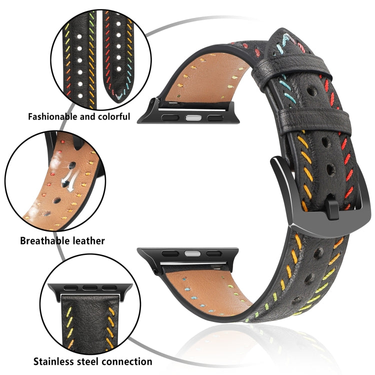 For Apple Watch Series 6 44mm Colorful Sewing Thread Leather Watch Band(Black) - Watch Bands by PMC TechLife | Online Shopping South Africa | PMC TechLife