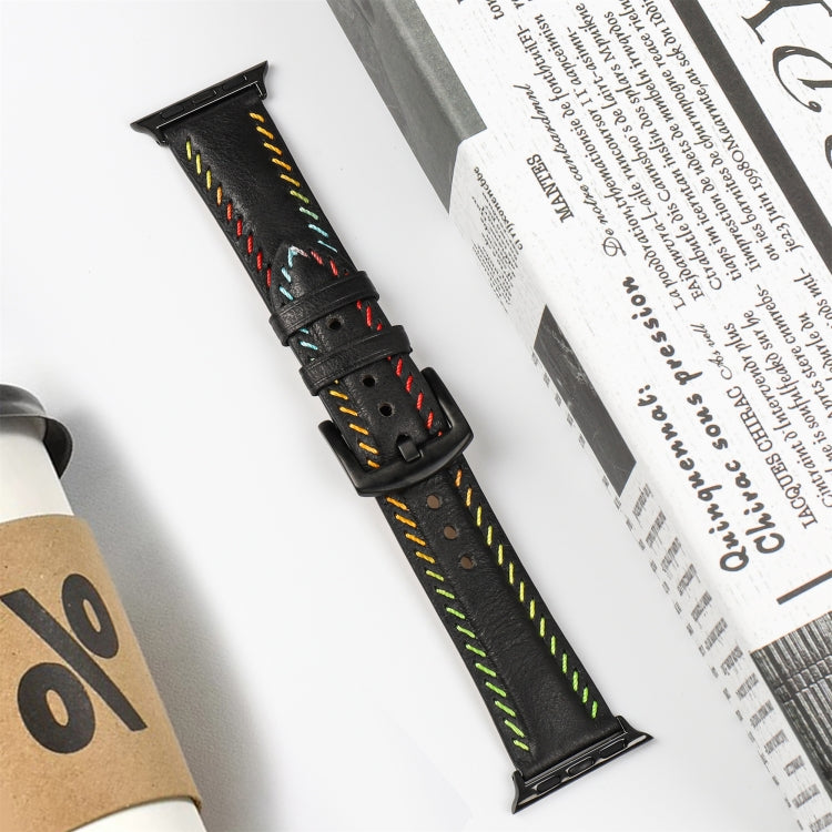 For Apple Watch Series 6 44mm Colorful Sewing Thread Leather Watch Band(Black) - Watch Bands by PMC TechLife | Online Shopping South Africa | PMC TechLife