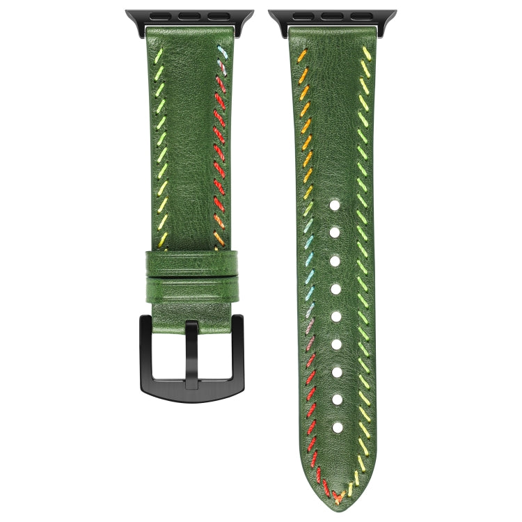 For Apple Watch Series 3 42mm Colorful Sewing Thread Leather Watch Band(Green) - Watch Bands by PMC TechLife | Online Shopping South Africa | PMC TechLife | Buy Now Pay Later Mobicred