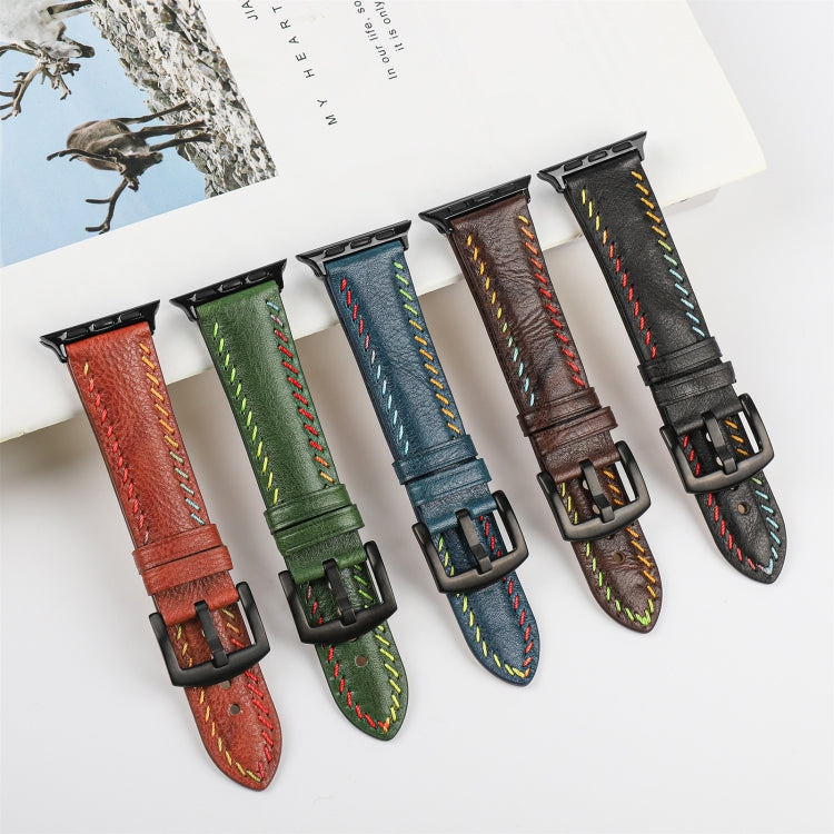 For Apple Watch SE 2022 44mm Colorful Sewing Thread Leather Watch Band(Blue) - Watch Bands by PMC TechLife | Online Shopping South Africa | PMC TechLife