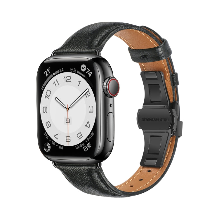 For Apple Watch Ultra 2 49mm Plain Leather Butterfly Buckle Watch Band(Black+Black) - Watch Bands by PMC TechLife | Online Shopping South Africa | PMC TechLife | Buy Now Pay Later Mobicred