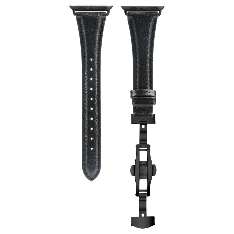 For Apple Watch Series 9 45mm Plain Leather Butterfly Buckle Watch Band(Black+Black) - Watch Bands by PMC TechLife | Online Shopping South Africa | PMC TechLife | Buy Now Pay Later Mobicred
