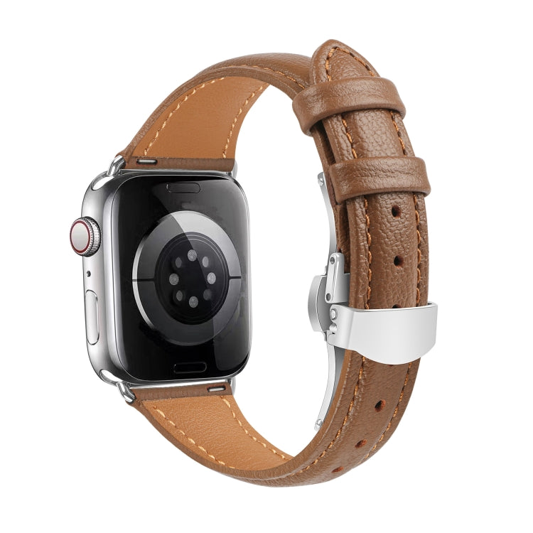 For Apple Watch Series 9 41mm Plain Leather Butterfly Buckle Watch Band(Dark Brown+Silver) - free shipping - PMC TechLife - Order now!