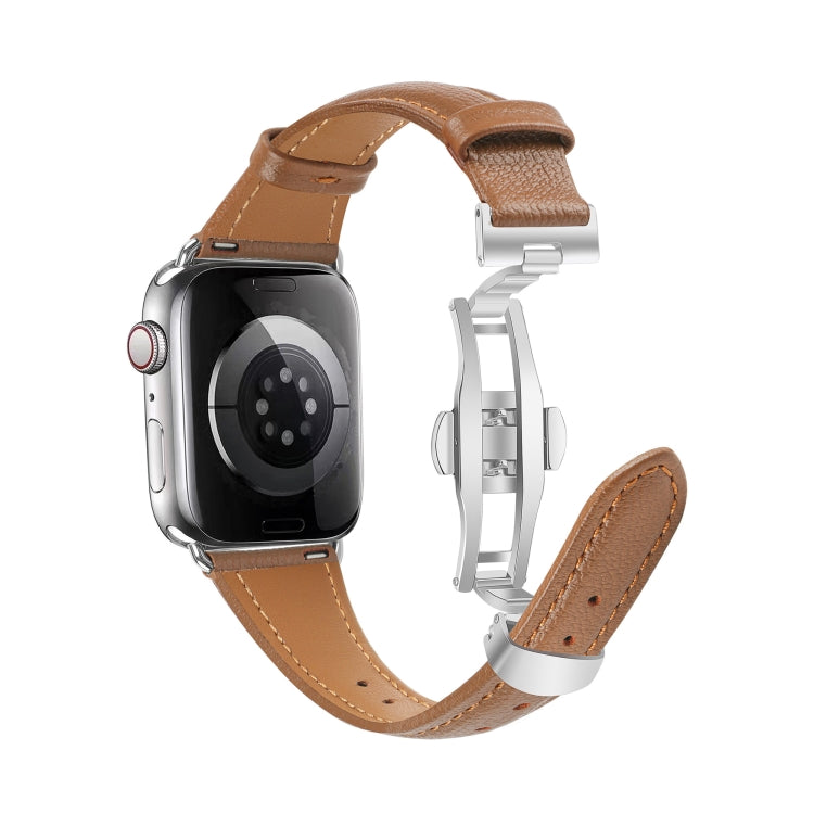 For Apple Watch Series 9 41mm Plain Leather Butterfly Buckle Watch Band(Dark Brown+Silver) - free shipping - PMC TechLife - Order now!