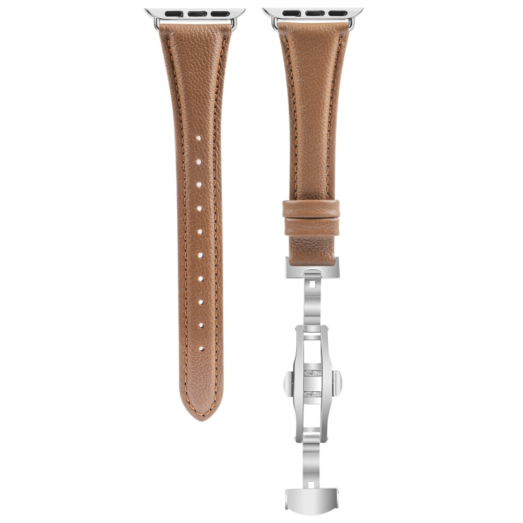 For Apple Watch Series 9 41mm Plain Leather Butterfly Buckle Watch Band(Dark Brown+Silver) - free shipping - PMC TechLife - Order now!