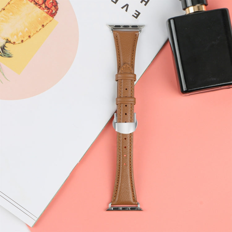 For Apple Watch Series 9 41mm Plain Leather Butterfly Buckle Watch Band(Dark Brown+Silver) - free shipping - PMC TechLife - Order now!