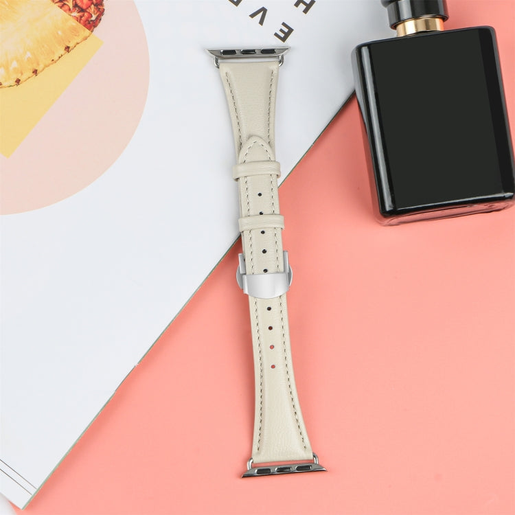 For Apple Watch Series 9 41mm Plain Leather Butterfly Buckle Watch Band(Beige+Silver) - free shipping - PMC TechLife - Order now!