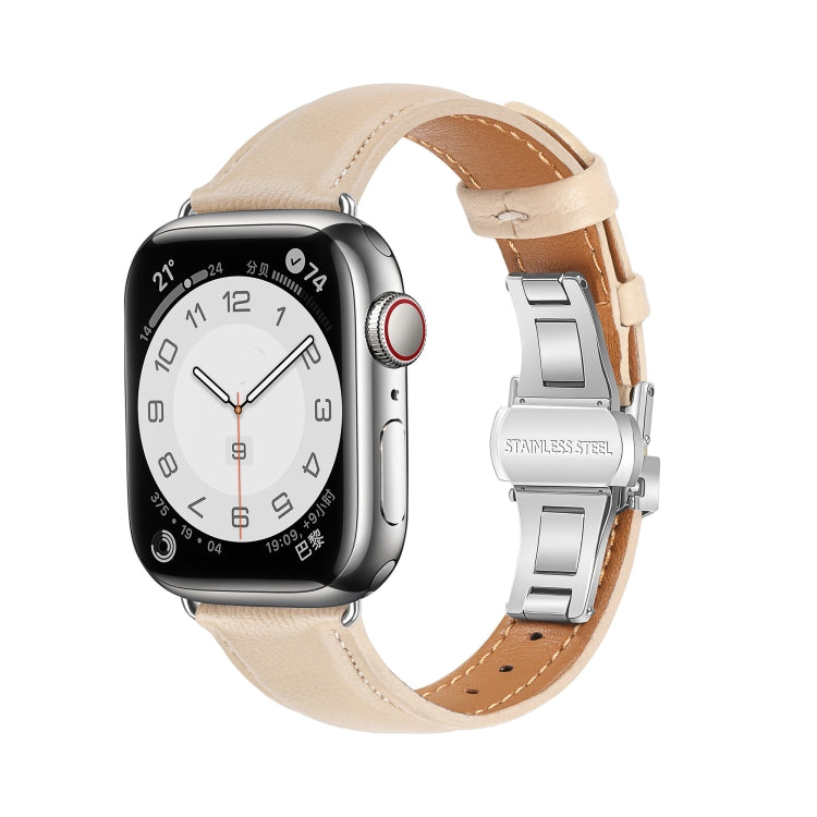 For Apple Watch Series 9 41mm Plain Leather Butterfly Buckle Watch Band(Apricot+Silver) - free shipping - PMC TechLife - Order now!