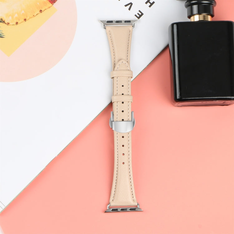 For Apple Watch Ultra 49mm Plain Leather Butterfly Buckle Watch Band(Apricot+Silver) - free shipping - PMC TechLife - Order now!