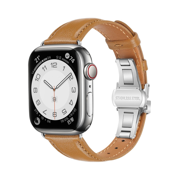 For Apple Watch Ultra 49mm Plain Leather Butterfly Buckle Watch Band(Brown+Silver) - free shipping - PMC TechLife - Order now!