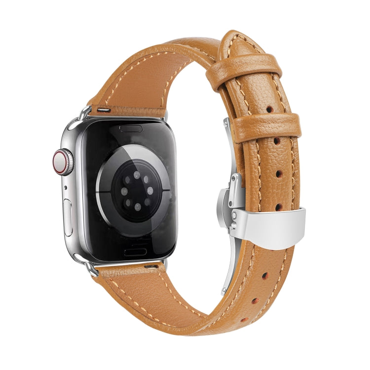 For Apple Watch Series 7 45mm Plain Leather Butterfly Buckle Watch Band(Brown+Silver) - free shipping - PMC TechLife - Order now!